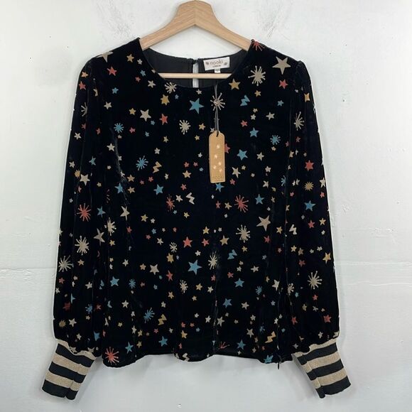 Nooki London Josie Printed Velvet Blouse Stars Print Long Sleeve pullover Large - Picture 1 of 16